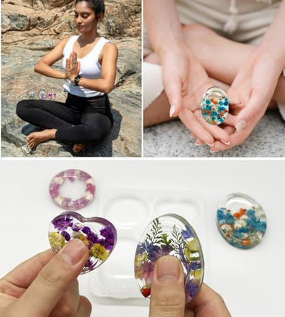 4-Design Worry Stone Mold w/DriedFlowers Resin Yoga StressRelief | 4-design thumb worry stone mold with dried flowers – epoxy resin casting, yoga meditation, stress relief & DIY crafts.