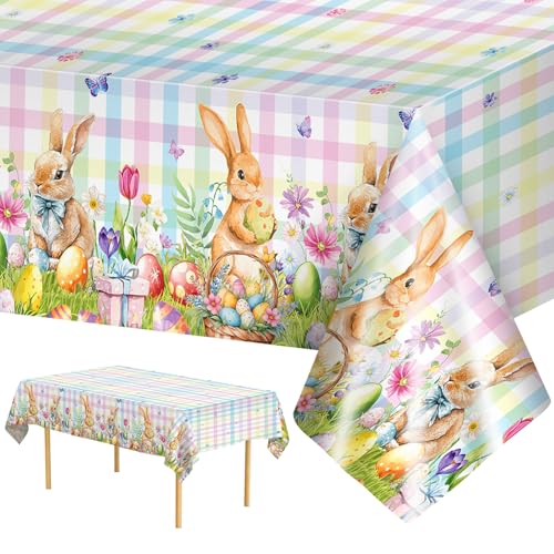 2 Pcs Easter Bunny Tablecloth - Easter Plastic Buffalo Plaid Tablecloth, Spring Flower Cute Rabbit Colorful Eggs Rectangle Table Cover for Table Decorations Party Decor Supplies Favors, 108 x 54 Inch - color: Easter