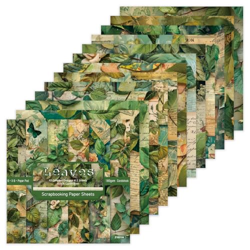 Forest Scrapbook Paper, 6x6 Inch 24 Sheets Green Pattern Paper (Leaves) | Single-Side Woods Patterned Craft Paper, Green Scrapbook Supplies for DIY Junk Journal, Album Decor or Cards Making - color: Leaves