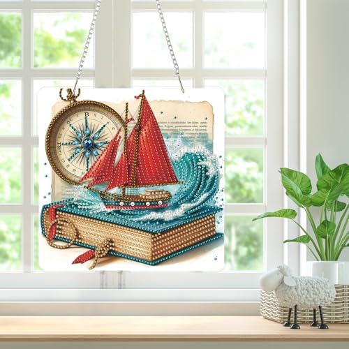 Diamond Art Hanging Kits for Adults, Diamond Art Suncatchers Nautical Adventure with Compass & Book, 5D Special Shape Diamond Painting Pendant Window Ornament Gifts for Home Decor - color: Sailboat
