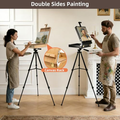 Black French Style Easel Sketch Box with Aluminum Tripod | Lightweight Black Aluminum Tripod, Adjustable Portable Plein Air Easel for Outdoor Painting, Sketching & Painting - color: Black