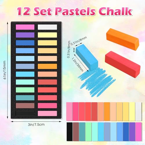 Watersay 288 Pcs Soft Chalk Pastels Set of 24 Colors Bulk 1.18 Inches Square Dry Artist Chalk Pastel Sticks for Office Art Drawing Painting Professional Art Supplies Kit
