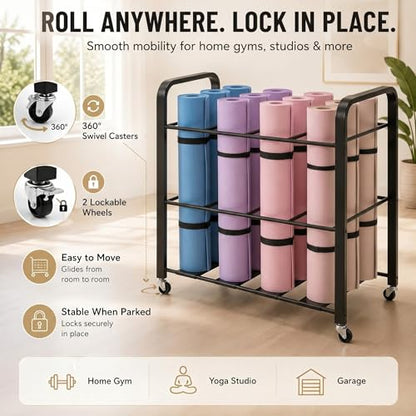 32'' x 21'' x 31'' Yoga Mat Storage Cart with Wheels, Floor Metal Gym Foam Rollers Storage Organizer, Yoga Mat Holder Basket for Commercial and Home Gym Accessories