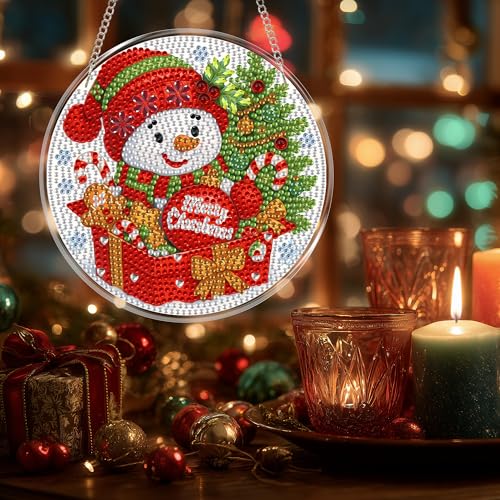 Eiflow Glass Diamond Art Hanging Kit for Adults Christmas, DIY Stained Glass Diamonds Painting Door Hanging Board Kit, Crystal Diamond Art Painting Pendant Ornament Full Drill - color: Snowman