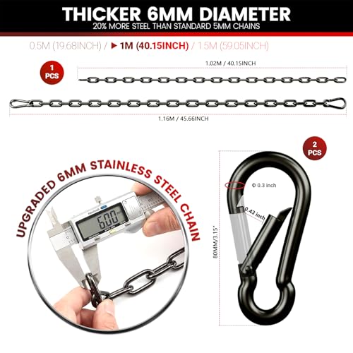 sprookber 45" Hanging Swing Chain,1000 lb Capacity,6 mm 304 Stainless Steel | Hardware Kit with 2 Carabiner for Hammock Chair, Porch Swing, Punching Bag, Aerial Yoga, Tire Swing, Gym, Tree,Indoor,Outdoor - color: Black, size: 1 PACK 45inch