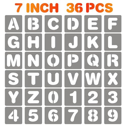 BAMIDELE 7 Inch Letter and Number Stencils, 36 Pcs Reusable Plastic Alphabet Spray Paint Stencils for Painting on Wood, Wall, Fabric, Rock, Chalkboard, Door Porch, Signage, DIY Craft Decoration - size: 7 Inch