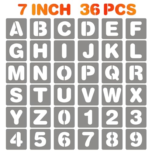 BAMIDELE 7 Inch Letter and Number Stencils, 36 Pcs Reusable Plastic Alphabet Spray Paint Stencils for Painting on Wood, Wall, Fabric, Rock, Chalkboard, Door Porch, Signage, DIY Craft Decoration - size: 7 Inch