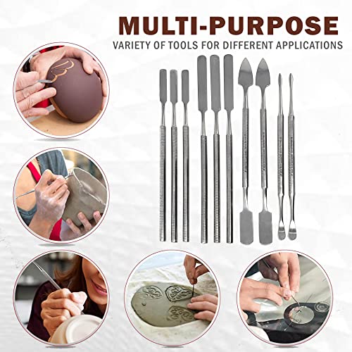 A2ZScilab - 10pcs Stainless Steel Clay Sculpting Spatulas Set, Wax Carving Pottery Tools - Carving Sculpture Shaper Polymer Modeling Tools for Clay, Pottery, Ceramics Artwork & Holiday Crafts