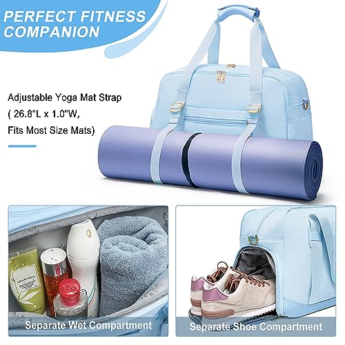 Sports Gym Bag for Women, Travel Duffle Bag with Shoe Compartment & Wet Pocket, Fitness Yoga Bag - color: Blue