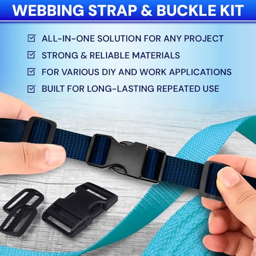 TECEUM 1" Nylon Strap Kit with Buckles, Navy Blue 6 yards Repair Set | Heavy duty hardware kit: 6yd webbing, 6 quick release buckles, 12 tri-glide slide clips, 6 metal D-rings for crafting. - color: Navy Blue, size: 1" - 6 yards, style: 6 Buckle - 12 Slid