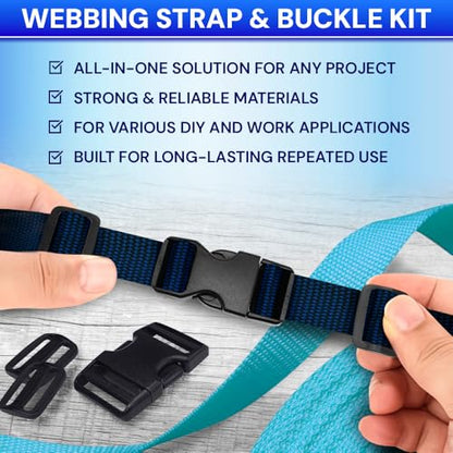 TECEUM 1" Nylon Strap Kit with Buckles, Navy Blue 6 yards Repair Set | Heavy duty hardware kit: 6yd webbing, 6 quick release buckles, 12 tri-glide slide clips, 6 metal D-rings for crafting. - color: Navy Blue, size: 1" - 6 yards, style: 6 Buckle - 12 Slid