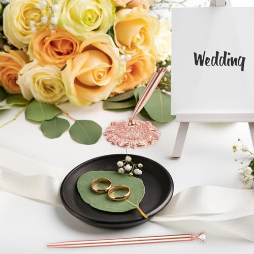 PATIKIL Hollow Round Pen Holder Signing Pen Set, Wedding Pen with Crystal Diamond and Pen Holder for Wedding Guests Book Engagement Opening Ceremony, Rose Gold - color: Rose Gold