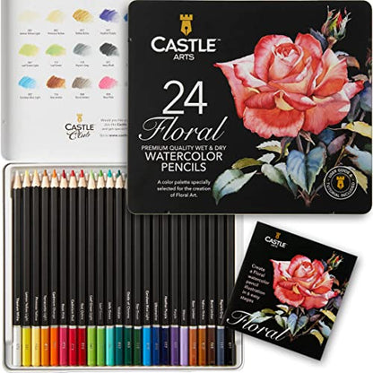 Castle Art Supplies 24 Watercolor Pencils for Adults - Botanical Palette | Premium, selected vibrant colors for adult artists - draw and paint at the same time - special gifting tin box included