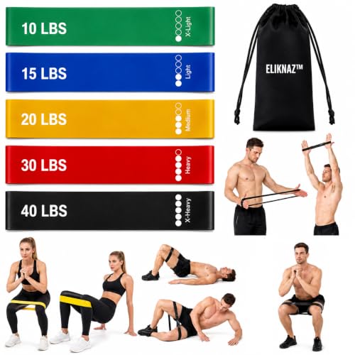 Resistance Loop Bands, Exercise Bands,Multi Resistance Levels,Carry Bag, Wrist, Glute, Leg and Arm Workout Bands, Strength Training, Stretching, Physical Therapy,Yoga, Pilates Set of 5 Loops
