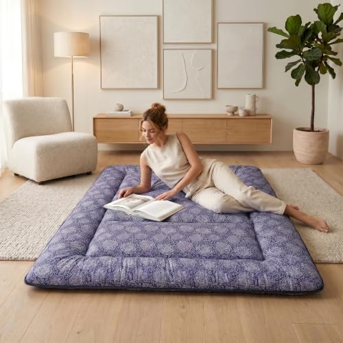 Zelladorra Japanese Floor Mattress, Futon Mattress - color: Purple Floral( 4"th + Dust Cover ）, size: Queen (80"L x 60"W)
