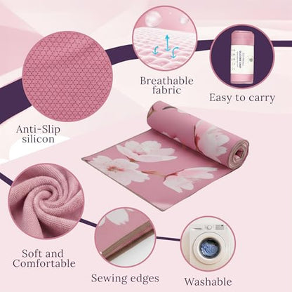 Multipurpose Yoga Mat Towel 72" x 26.5" - Cherry Blossom Design Fitness Towel with Non-Slip Silicone Grip, Quick Drying & Sweat Absorbent for Yoga, Pilates, Gym, Picnic & Outdoor Activities