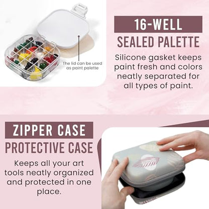 Airtight Watercolor Palette with Lid - Set of 5 Paint Brush Holder Cup with Paint Palette | Acrylic Paint Palette | Paint Brush Cleaner Cup | Painting Accessories | Painting Palette Gifts for Artists - color: Palm Leaf