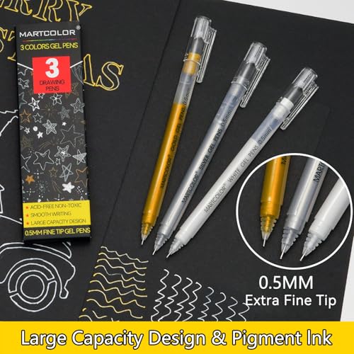 MARTCOLOR Gold Silver White Gel Pens, 3 Pack 0.5mm Fine Point Gel ink Pens | Opaque Archival Ink Pen for Black Paper Drawing, Art Highlight, Illustration, Bullet Journaling, Card Making & DIY Projects - style: Gold Silver White - 0.5mm