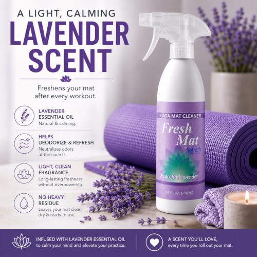 Fresh Mat Yoga Mat Cleaner Spray - Natural Deodorizing Cleaner for Yoga Mats & Fitness Equipment - No-Rinse, Residue-Free Formula with Witch Hazel & Essential Oil, Peaceful Lavender (24 fl oz). - size: 24 Fl Oz (Pack of 1)