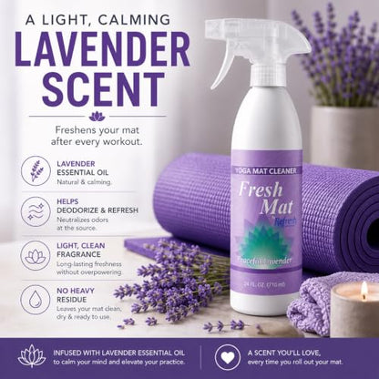 Fresh Mat Yoga Mat Cleaner Spray - Natural Deodorizing Cleaner for Yoga Mats & Fitness Equipment - No-Rinse, Residue-Free Formula with Witch Hazel & Essential Oil, Peaceful Lavender (24 fl oz). - size: 24 Fl Oz (Pack of 1)