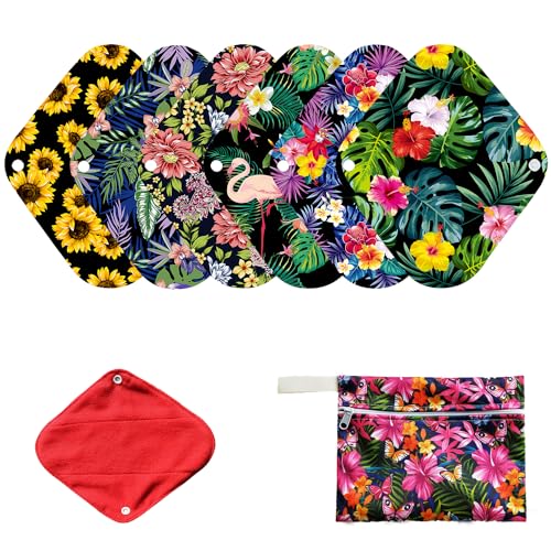 7pcs Set Resuable Menstrual Pads Including 1pc Mini Wet Bag +6pcs Reusable Washable Stay Dry Cloth Menstrual Pad/Women Sanitary Pads/Mama Panty Liners - color: Full Red Microfleece