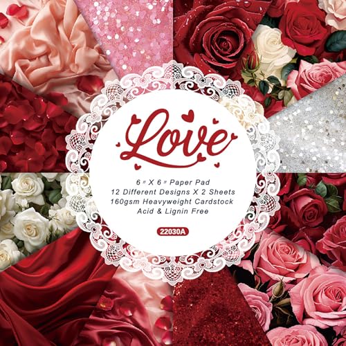Romantic Scrapbooking Paper Pad, 6 x 6 Inch Red Rose & Heart 160gsm Cardstock Paper for Scrapbooking, 24 Sheets Luxury Valentine Craft Paper for Wedding Guest Book, DIY Cards - color: 22030 - 6×6