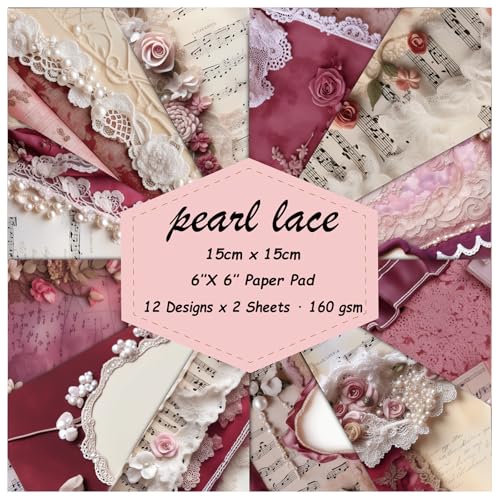 Scrapbook Paper, 24 Sheets 6"×6" 160gsm Single-Sided Patterned Cardstock | Vintage Decopodge Scrapbook Supplies, Junk Journal Decorative Crafts DIY Album Card Making Art Journaling.Pearl Lace - color: 24 sheets-pearl lace