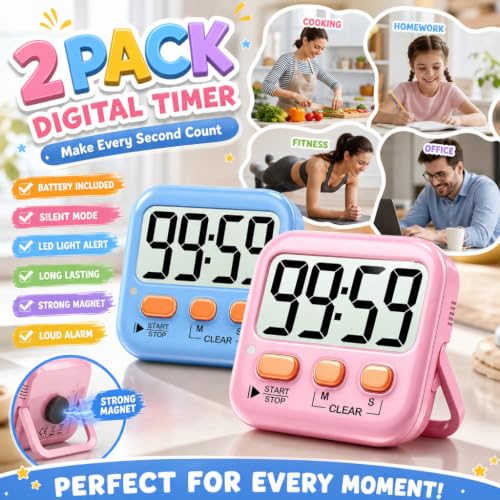 Antonki 2 Pack Digital Timer for Kids Classroom Kitchen Timers for Cooking | w/ Battery, Easy to View, Alarm, Mute Mode, Count Down/Up, Magnetic, Kickstand, Hanging, Classroom Timer for Teacher Supplies - color: 2 * Dreamy Pink + Blue ( 95%+select for Boy