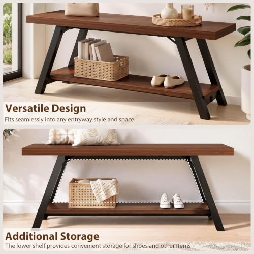 LVB Industrial Entryway Bench with Storage, Wood and Metal Bedroom Bench - color: Walnut