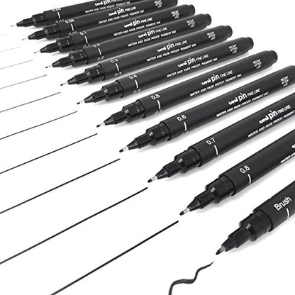 Uni Pin Fineliner Drawing Pen - Complete Set of 11 Grades - Black Ink