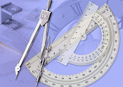 oxe Student Math Geometry Set,Drawing Compass 4 Inch and 6 Inch Clear Math Protractor Triangle Ruler 30/60 45/90 Degree and 8 Inch Ruler,Set of 6 Pcs