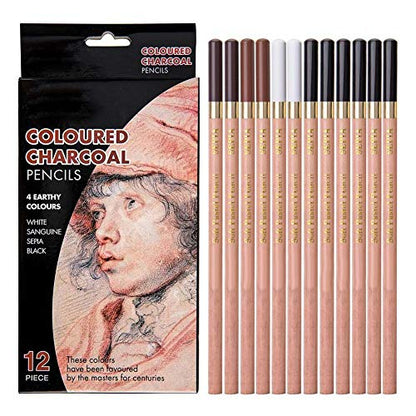 hong 12PCS 4 Colors Sketching Pencils Wooden Charcoal Drawing Pencil Art Supplies with Gift Box for Art Students, Beginners, Professional Painter, White/Sanguine/Sepia/Black Charcoal Pencils