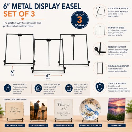 Black Metal Display Easels Set of 3 – 6 Inch Tabletop Stand for Plates, Frames, Books, Signs & Artwork – Heavy Duty Sturdy Iron Easel Holders for Home Décor & Retail Displays - size: 6 Inch