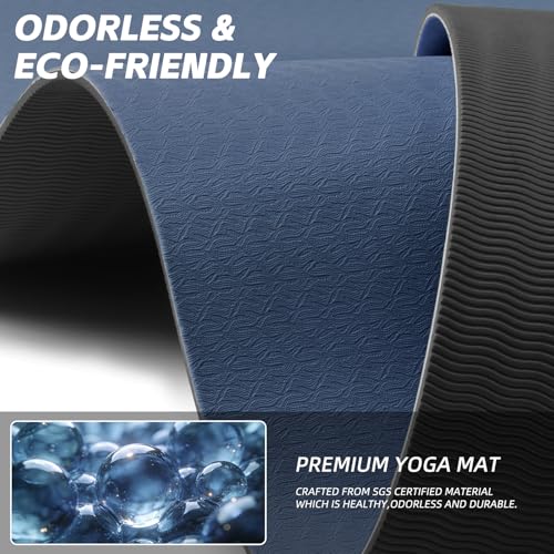 PAIDU Extra Long Wide Yoga Mat, （10mm） Thick Non-Slip Exercise Mat 76"x33" | large mat, ideal for yoga, Pilates & home gym, with non-slip grip & cushioning for all exercises. - color: Dark blue + Black