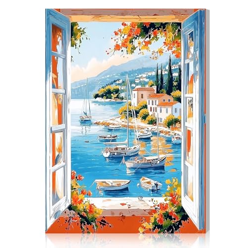 RICUVED Paint by Numbers Kit for Adults Beginner with Frame, Window View Adults' Paint-by-Number Kits on Canvas, DIY Acrylic Painting by Numbers Easy Oil Painting by Number Kits for Home Decor, 8x12in - color: OMS043
