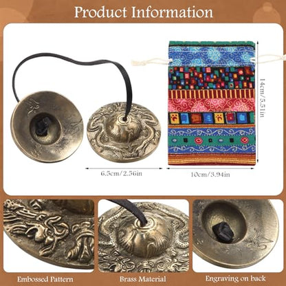 Foilswirl 2 Pcs Tibetan Tingsha Cymbals with 2 Pcs Tibetan Drawstring Cloth Bags Meditation Chime Bells 2.56 Inch Handcrafted Meditation Accessory (2 Dragons with Bell Embossed,Red,Green) - color: Red,Green, style: 2 Dragons with Bell Embossed