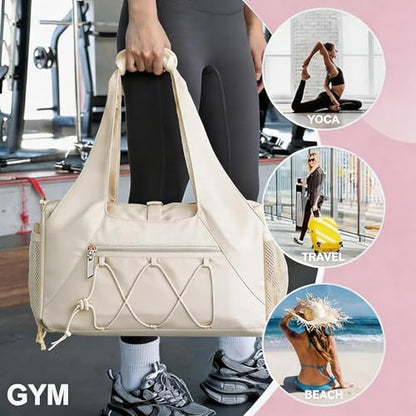 Gym Bag for Women, Yoga Mat Bag with Shoe Compartment and Wet Pocket, Sport Yoga Gym Bag with Yoga Strap, Carryall Yoga Tote Bag - color: Beige