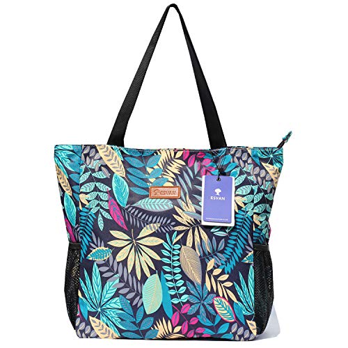 ESVAN Original Floral Water Resistant Large Tote Bag Shoulder Bag for Gym Beach Travel Daily Bags Upgraded - color: [V] Blue Leaf