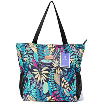 ESVAN Original Floral Water Resistant Large Tote Bag Shoulder Bag for Gym Beach Travel Daily Bags Upgraded - color: [V] Blue Leaf