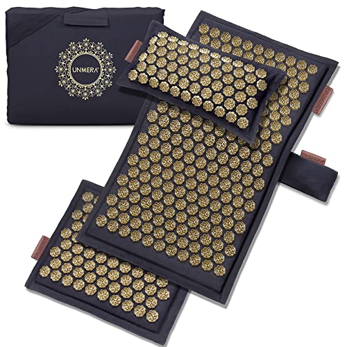 UNMERA Acupressure Mat and Pillow Set,Natural Linen & Coconut Fiber Filling | Back/Neck Pain Relief, Sciatic, Headache and Muscle Relaxation, Comes with Carrying Bag - color: Black