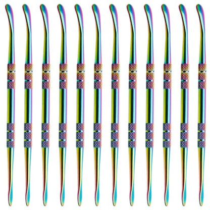 HARSKIYER 12Pcs Rainbow Steel Wax Carving Spoon Tools | Pointed Spoon-Shaped Dual Ends, Knurled Non-Slip Handle For Comfortable Grip, Rust-Proof Steel For Modeling Cutting Shaping - color: Rainbow