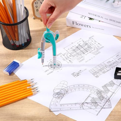 EBOOT Student Geometry Math Set, Drawing Compass and 6 Inch Clear Swing Arm Protractors 180 Degree Math Protractor(Turquoise) - color: Turquoise
