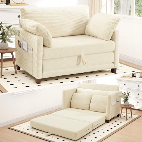 Myroyalsit 51" Convertible Loveseat Sofa Bed, 2-in-1 Folding Sofa Bed with 2 Pillow for Small Spaces, Modern Loveseat Sleeper Couch for Apartment, Living Room & Guest Room (Corduroy Beige, 51 inch) - color: Deep Beige, size: 51"