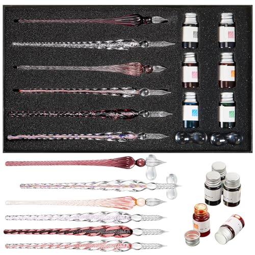 Zonon 14 Pcs Glass Dip Pen Ink Set for Art Supplies,Purple Pink Color Style | 6 Crystal Dip Pen with 6 Colorful Ink 2 Holder, Crystal Signature Calligraphy Pen, Art Writing Supplies, Artists Teacher Gift - color: Purple Pink Color System