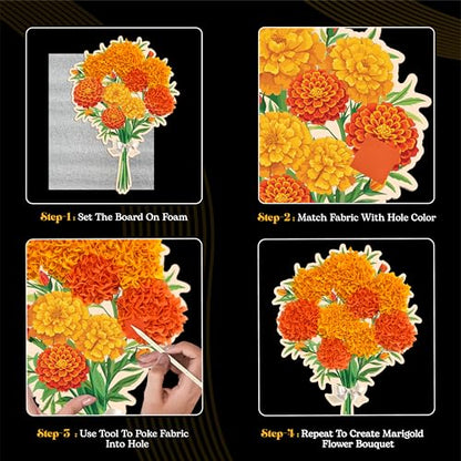 Unwynd Poke Art Marigold Flower Bouquet Kit for Adults, Women and Teens | Hobby activity, brain puzzles, adult, 12 illustration sheets, 12 pages of stickers, 12 colour pages Rubbing Plates & Supplies - style: Marigold