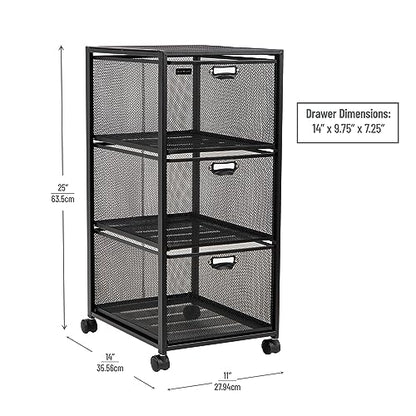 Mind Reader Office Storage Organizer with Mesh Drawers Label Holders and Optional Wheels, Metal Mesh, Black - size: 3-Drawers