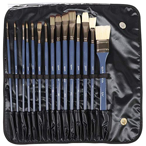 Mont Marte Premium Brush Wallet Set, 15 Piece, Includes Hog Bristle and Taklon Brushes, Suitable for Watercolor, Acrylic, Oil, Gouache and Tempera Painting
