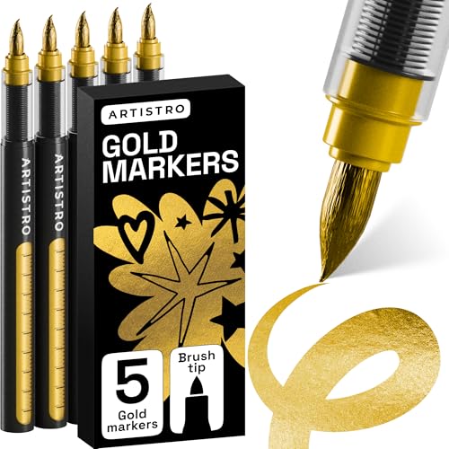 ARTISTRO 5 Gold Paint Pen for Rock, Glass, Ceramic, Wood, Tire, Fabric, Metal, Canvas, Marking, Painting - Set of 5 Acrylic Paint Markers Water-based - Brush Tip with Automatic Ink Control System - color: Gold, style: Brush Tip