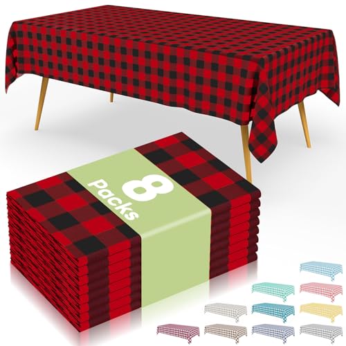 Smiry 8 Packs Gingham Disposable Table Cloth, 54 x 108 Inch Waterproof Plastic Tablecloth, Rectangle Black and Red Checkered Table Covers for Picnic, Birthday, Party - color: Black and Red, size: 54"x108" (Pack of 8)
