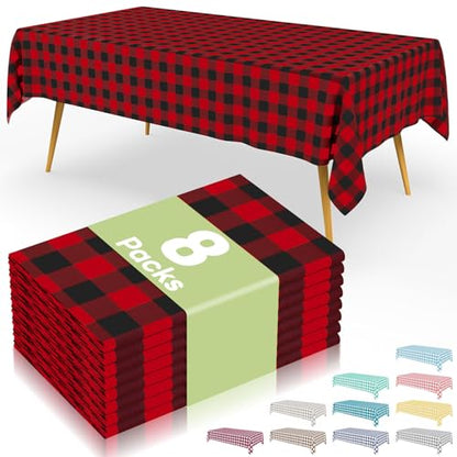 Smiry 8 Packs Gingham Disposable Table Cloth, 54 x 108 Inch Waterproof Plastic Tablecloth, Rectangle Black and Red Checkered Table Covers for Picnic, Birthday, Party - color: Black and Red, size: 54"x108" (Pack of 8)